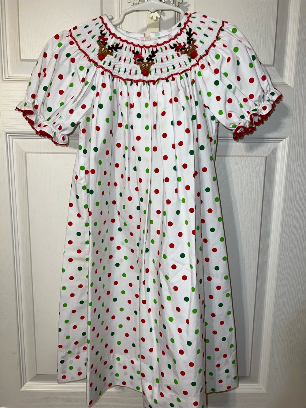 Girls' White Polka Dot Holiday Dress with Reindeer Smocking